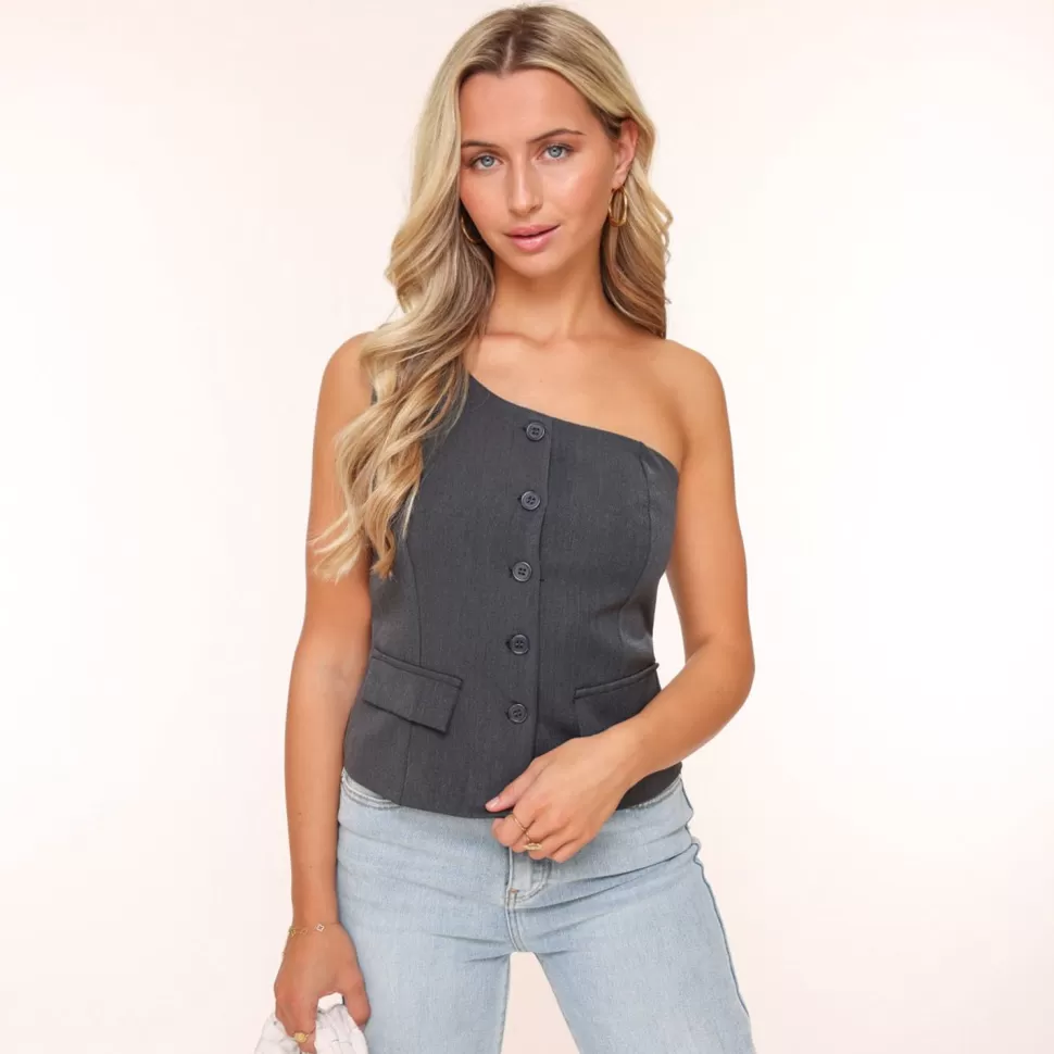 Missen Olivia & Kate Donkergrijze Knopen Details One Shoulder-Top